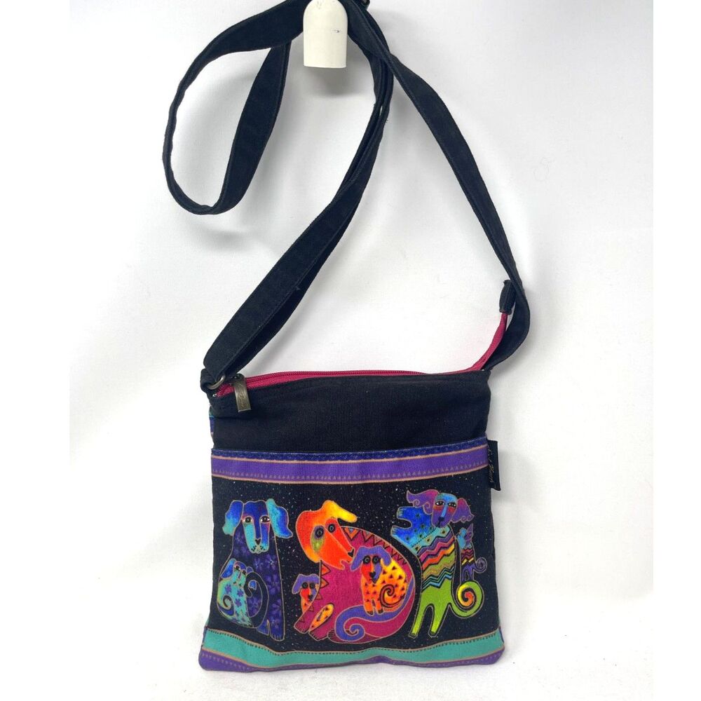 Small Laurel Burch Pups Dog Crossbody Bag Purse Black Multi Handbag ~Excellent